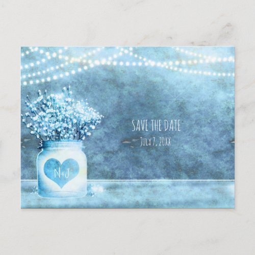 Blue Heart Mason Jar  Babys Breath Save The Date Announcement Postcard