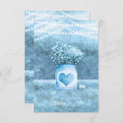 Blue Heart Mason Jar  Babys Breath Table Number