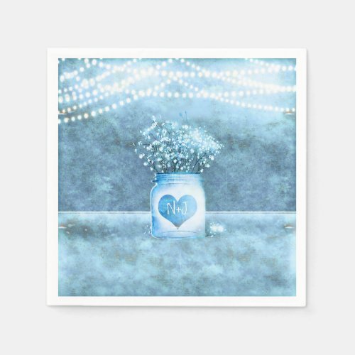 Blue Heart Mason Jar  Babys Breath Wedding Napkins