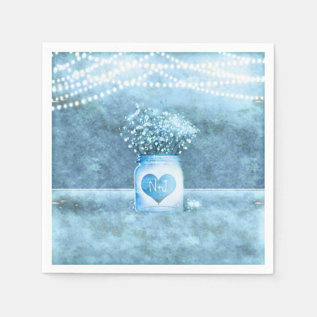 Blue Heart Mason Jar & Baby's Breath Wedding Napkins (Front)