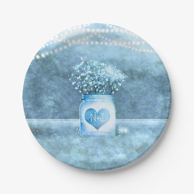 Blue Heart Mason Jar & Baby's Breath Wedding Paper Plates (Front)