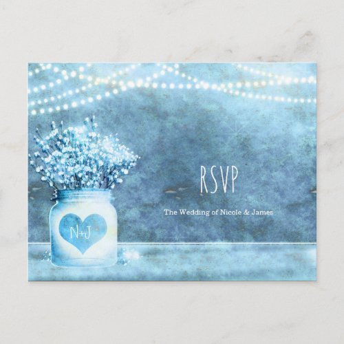 Blue Heart Mason Jar  Babys Breath Wedding RSVP Invitation Postcard