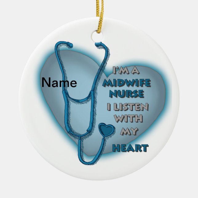 Blue Heart Midwife Nurse Ceramic Ornament (Front)