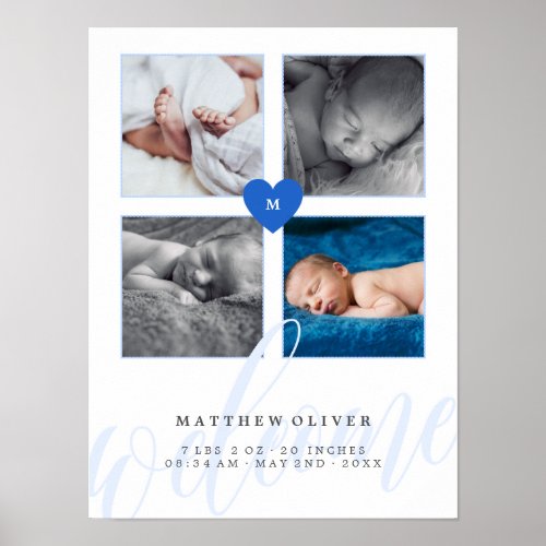 Blue Heart Monogram Baby Photo Collage Poster