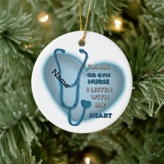 Blue Heart ObGyn Nurse Ceramic Ornament (Tree)