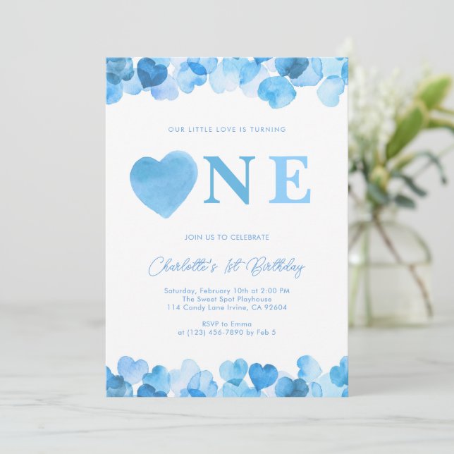 Blue Heart One First Birthday Valentines Invitation (Standing Front)