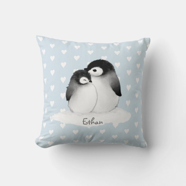 Blue Heart Pattern Penguin Nursery Throw Pillow (Front)
