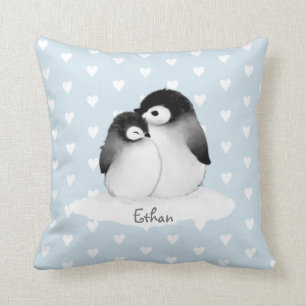Blue Heart Pattern Penguin Nursery Throw Pillow