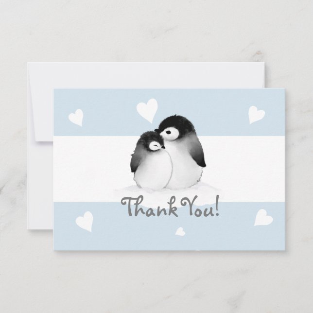 Blue Heart Penguin Thank You Note cards (Front)