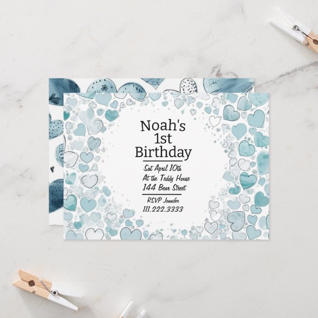 Blue Heart Personalized Birthday Invitation (Front/Back In Situ)