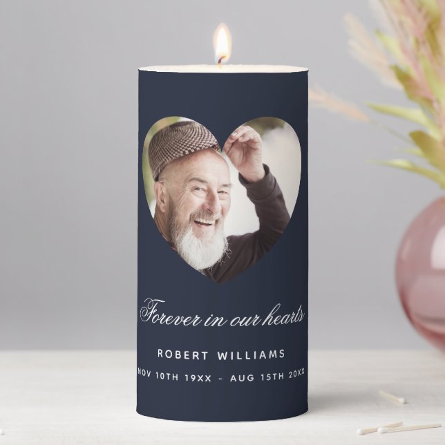 Blue heart photo funeral memorial pillar candle (In Situ)
