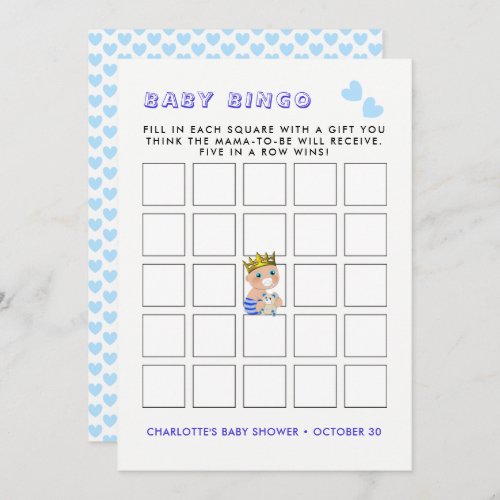 Blue Heart Prince Baby Boy Shower Party Bingo Game Invitation