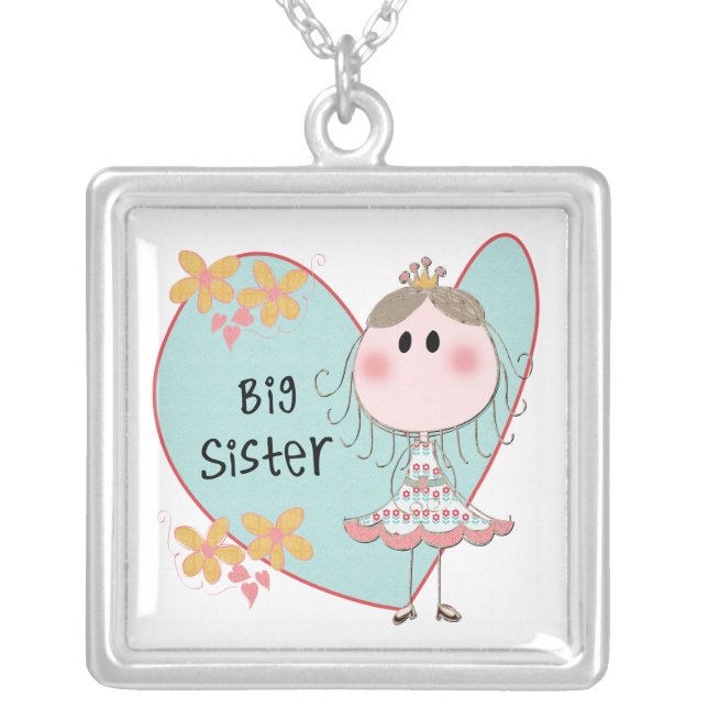 Blue Heart Princess Big Sister Silver Plated Necklace (Front)