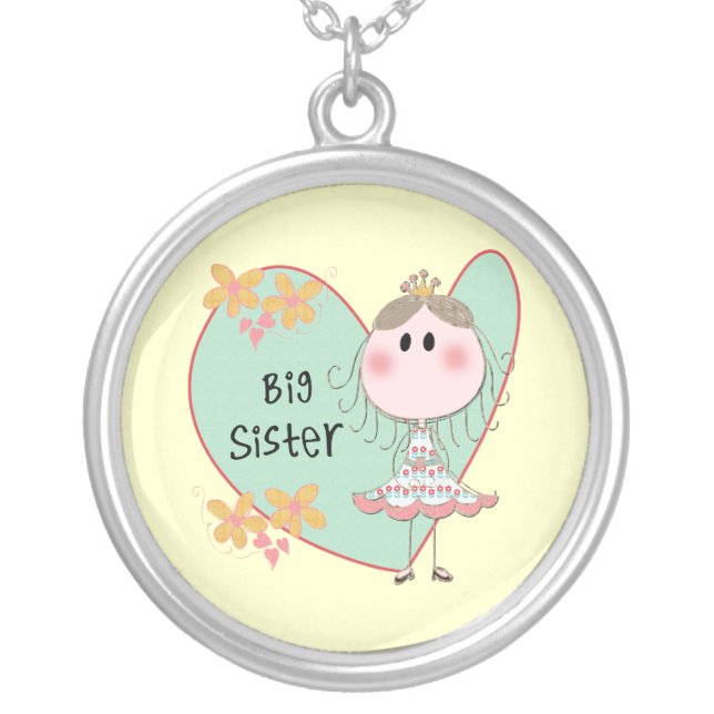 Blue Heart Princess Big Sister Silver Plated Necklace (Front)