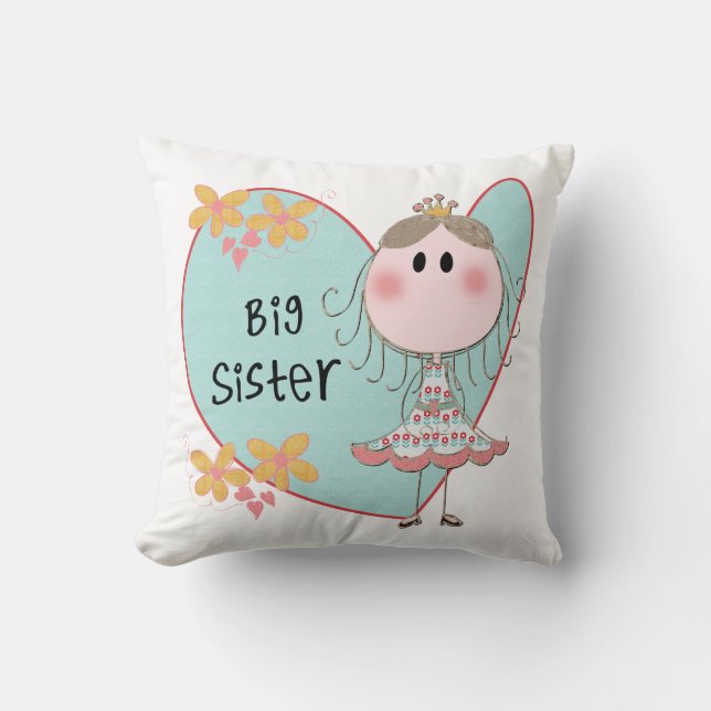 Blue Heart Princess Big Sister Throw Pillow (Front)