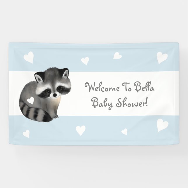 Blue Heart Raccoon Baby Shower Banner (Horizontal)