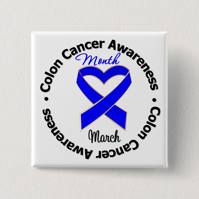 Blue Heart Ribbon - Colon Cancer Awareness Month Button (Front)
