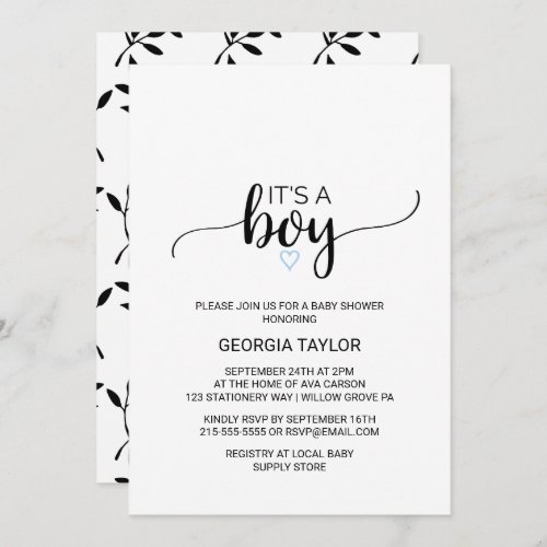 Blue Heart  Simple Black Calligraphy Its A Boy Invitation