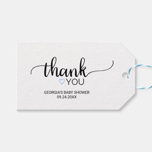 Blue Heart  Simple Black Calligraphy Thank You Gift Tags
