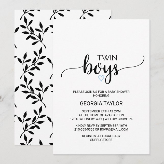 Blue Heart | Simple Black Calligraphy Twin Boys Invitation (Front/Back)