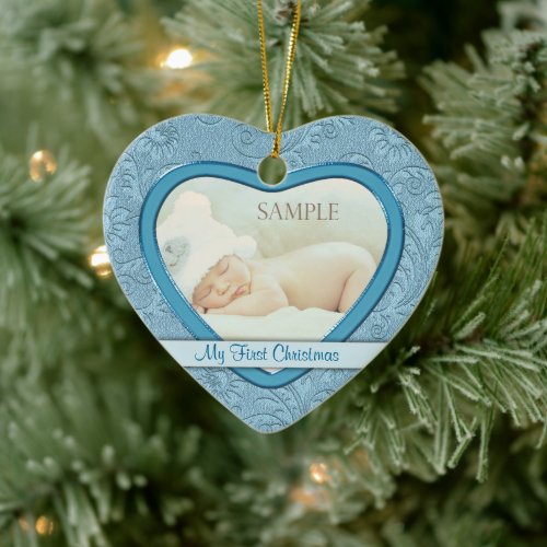 Blue Heart Swirl Baby First Christmas Ceramic Ornament