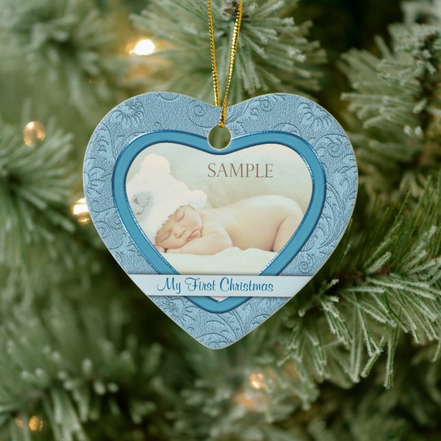 Blue Heart Swirl Baby First Christmas Ceramic Ornament (Tree)