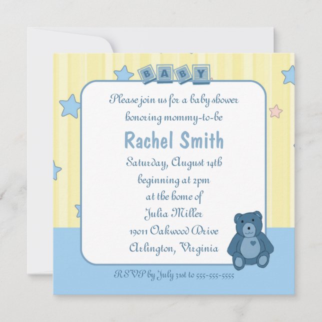 Blue Heart Teddy Bear Baby Shower Invitation (Front)