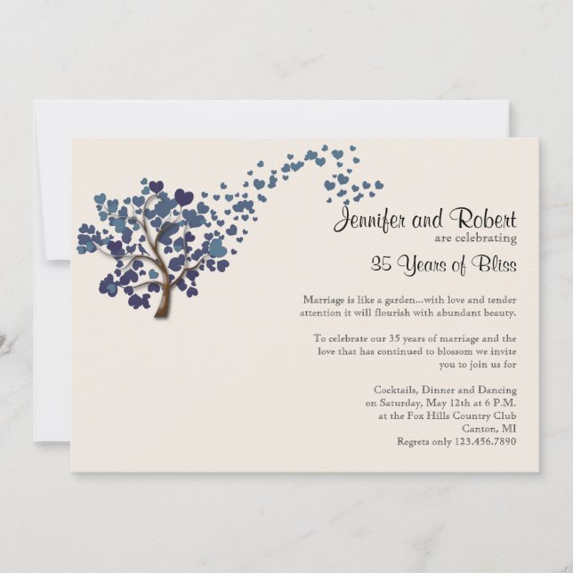 Blue Heart Tree on Ivory Wedding Anniversary Invitation (Front)