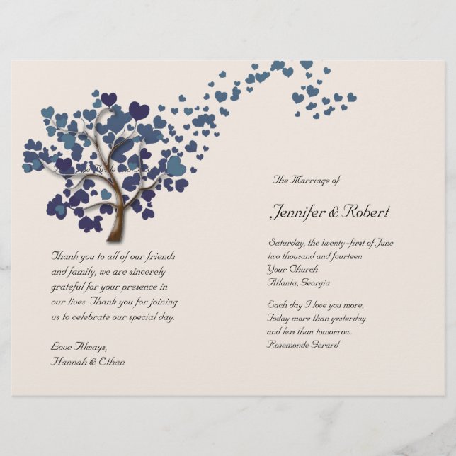 Blue Heart Tree on Ivory Wedding Program (Front)