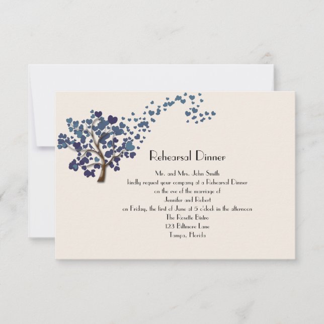 Blue Heart Tree on Ivory Wedding Rehearsal Dinner Invitation (Front)