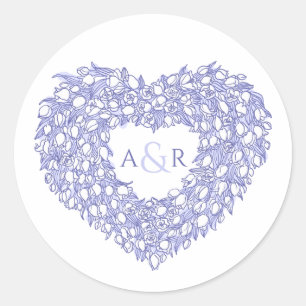 blue heart tulips monogram wedding classic round sticker