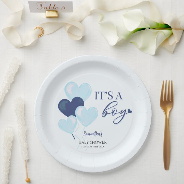 Blue Heart Valentines It's a Boy Baby Shower Paper Plates (Wedding)
