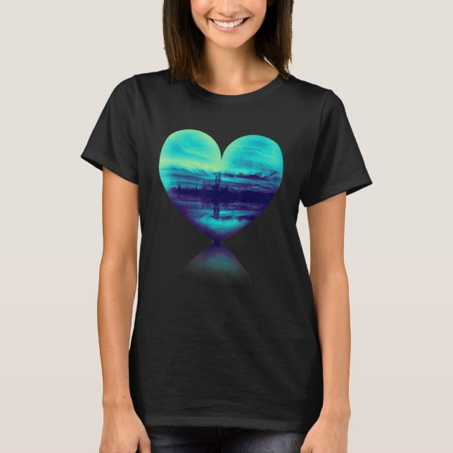 Blue Heart View Of Landscape With Trees And Clouds T-Shirt (Front)