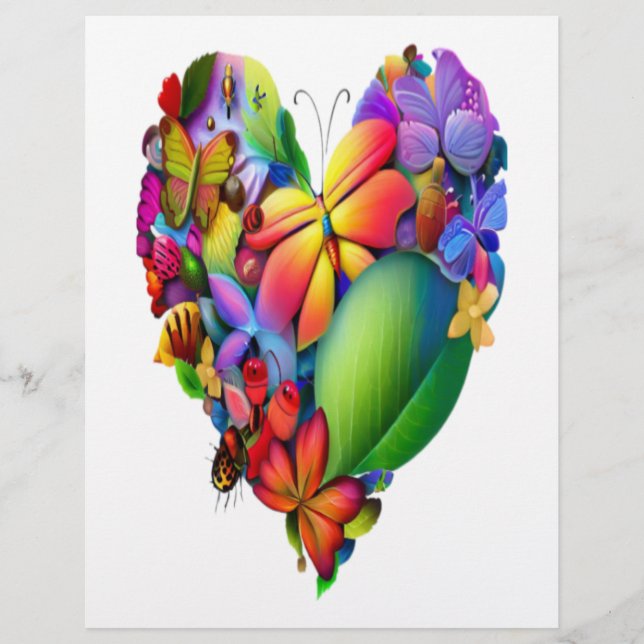 Blue Heart with Blooming Flower and Green Leaves Letterhead (Front)