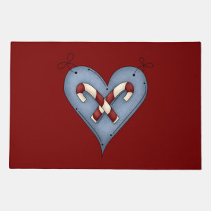 Blue Heart with Candy Canes Country Christmas Doormat