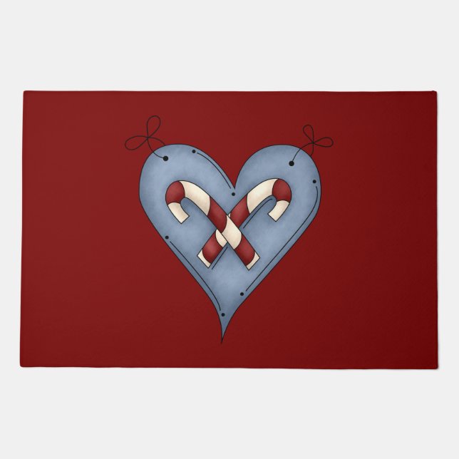 Blue Heart with Candy Canes Country Christmas Doormat (Front)