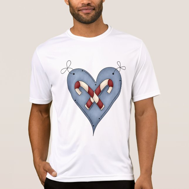 Blue Heart with Candy Canes Country Christmas T-Shirt (Front)
