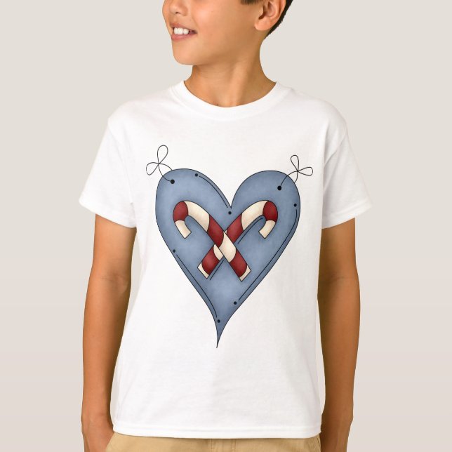 Blue Heart with Candy Canes Country Christmas T-Shirt (Front)