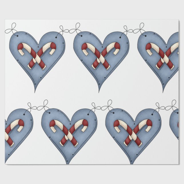 Blue Heart with Candy Canes Country Christmas Wrapping Paper (Flat)