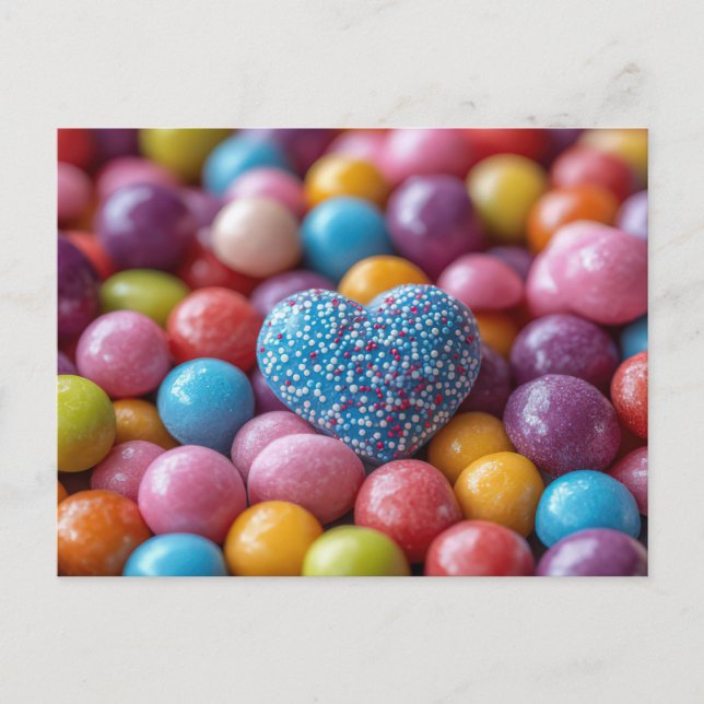 Blue heart with colorful chocolate Valentine's Day Postcard (Front)