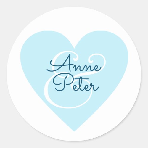 blue heart with couple names wedding love  classic round sticker