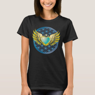 Blue Heart with Gold Angel Wings on Flower of Life T-Shirt