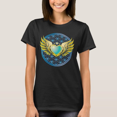 Blue Heart with Gold Angel Wings on Flower of Life T_Shirt