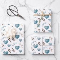 Blue Heart Wrapping Paper Flat Sheet Set of 3