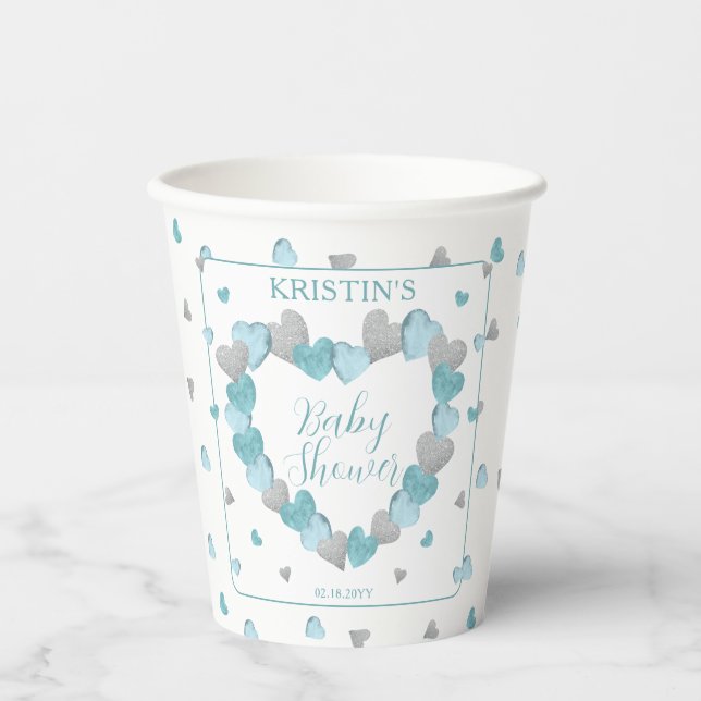 Blue Hearts A Little Sweetheart Baby Shower Paper Cups (Front)