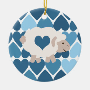 Blue Hearts and Cute Lamb Ceramic Ornament