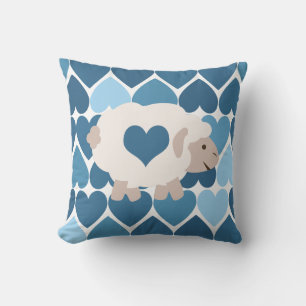 Blue Hearts and Cute Lamb Throw Pillow