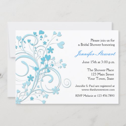 Blue Hearts and Flowers Flourish Bridal Shower Custom Invites