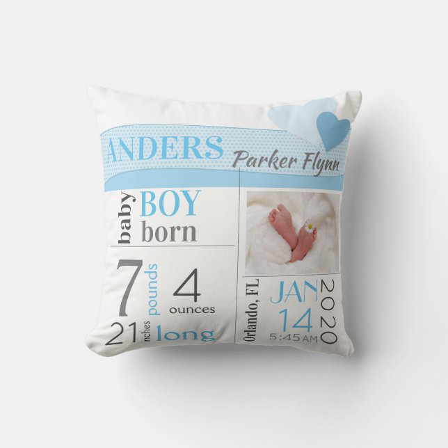 Blue Hearts Baby Birth Stats Throw Pillow (Front)