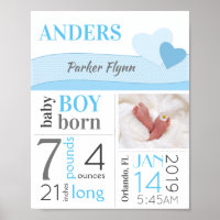 Blue Hearts Baby Boy Birth Stats Sign Announcement